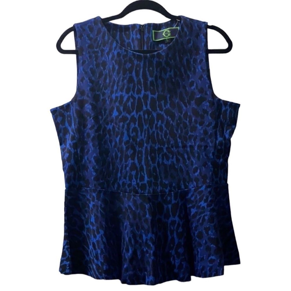 C. Wonder Black & Blue Leopard Print Peplum Top Large